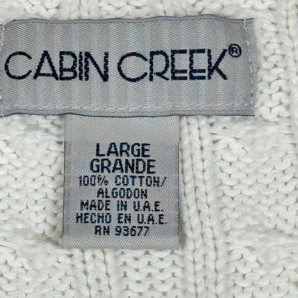 Cabin Creek White Cable Knit Cardigan Sweater Navy Blue Trim Large Cotton‎